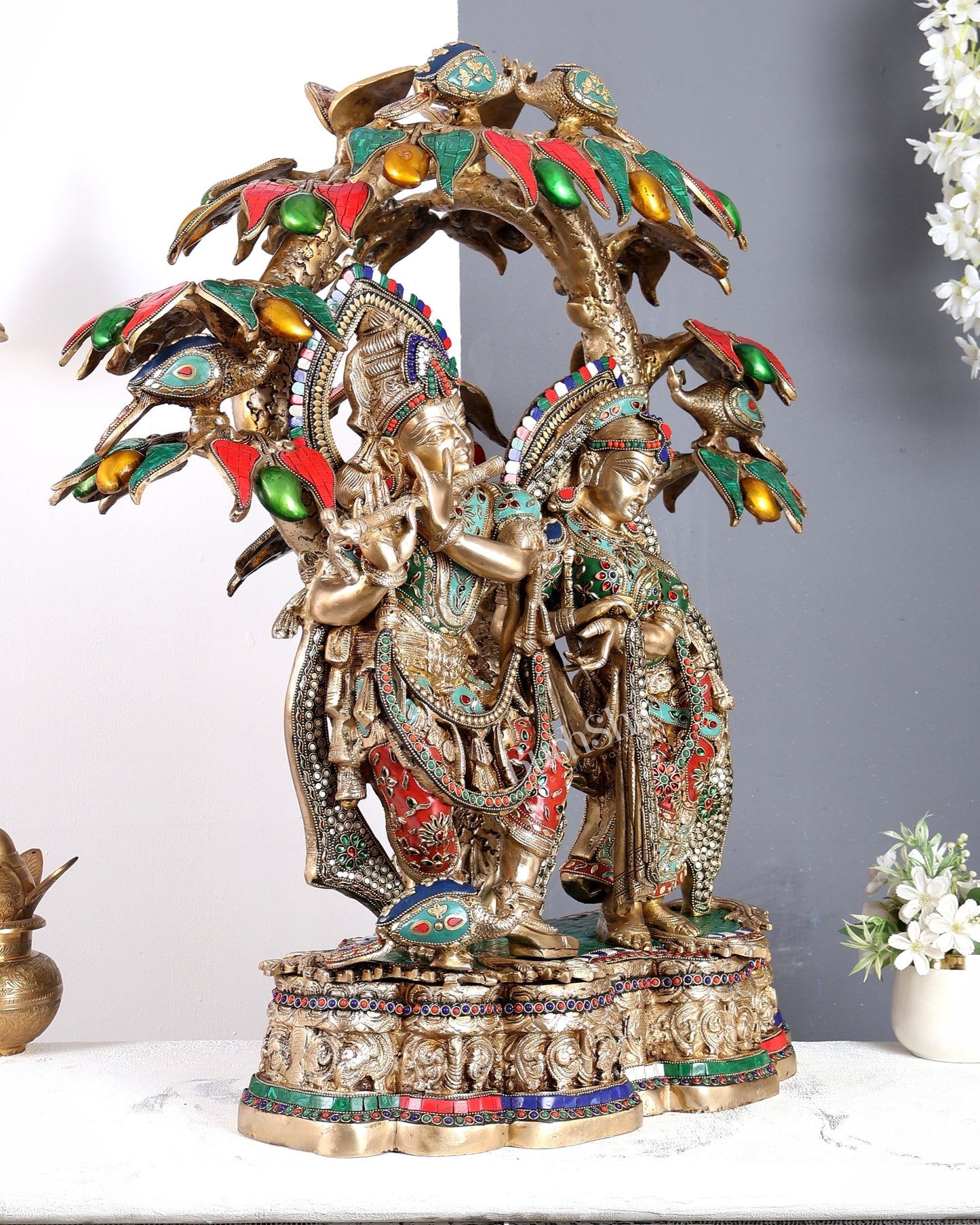Premium Pure Brass Radha Krishna under Vrindavan Tree with Meenakari Stonework – Grand Handcrafted Temple Sculpture 30 inch tall
