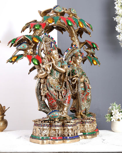 Premium Pure Brass Radha Krishna under Vrindavan Tree with Meenakari Stonework – Grand Handcrafted Temple Sculpture 30 inch tall