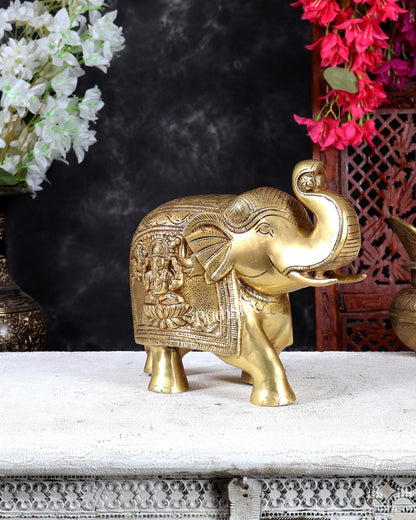 Brass Elephant with Gajalakshmi & Gaja Ganesha Carvings – Auspicious Sculpture 10 inch
