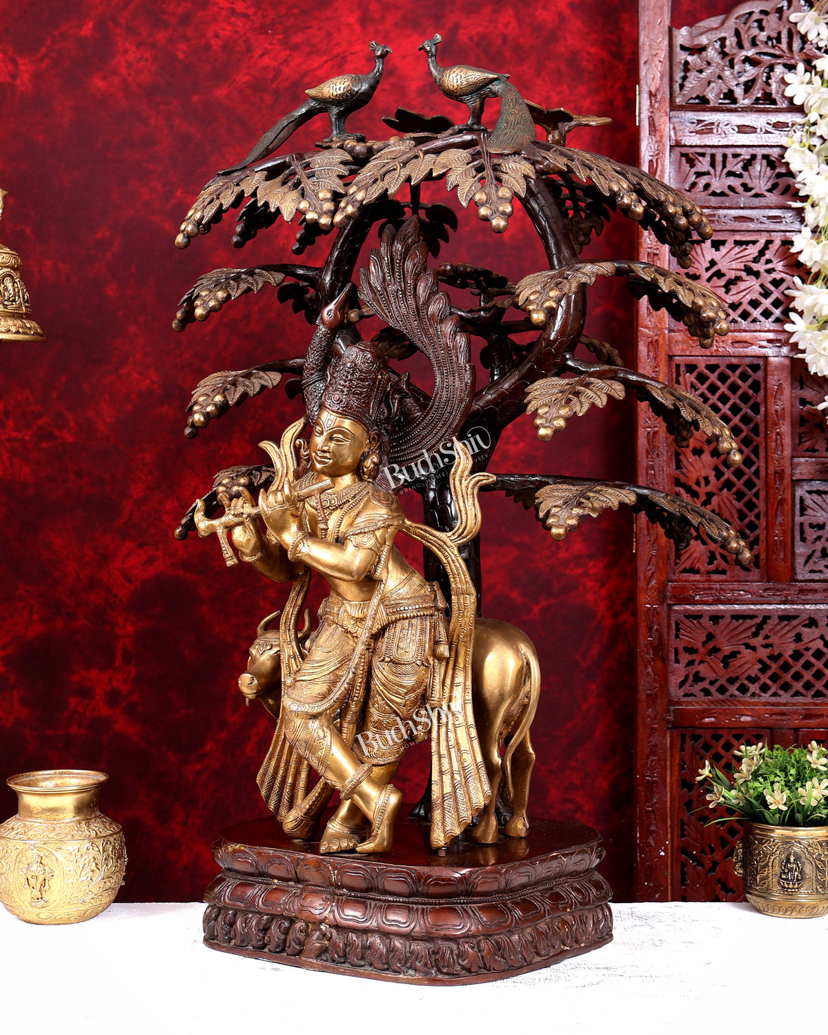 Brass Lord Krishna with Cow under Kalpavriksha – Large Statue 33" antique finish