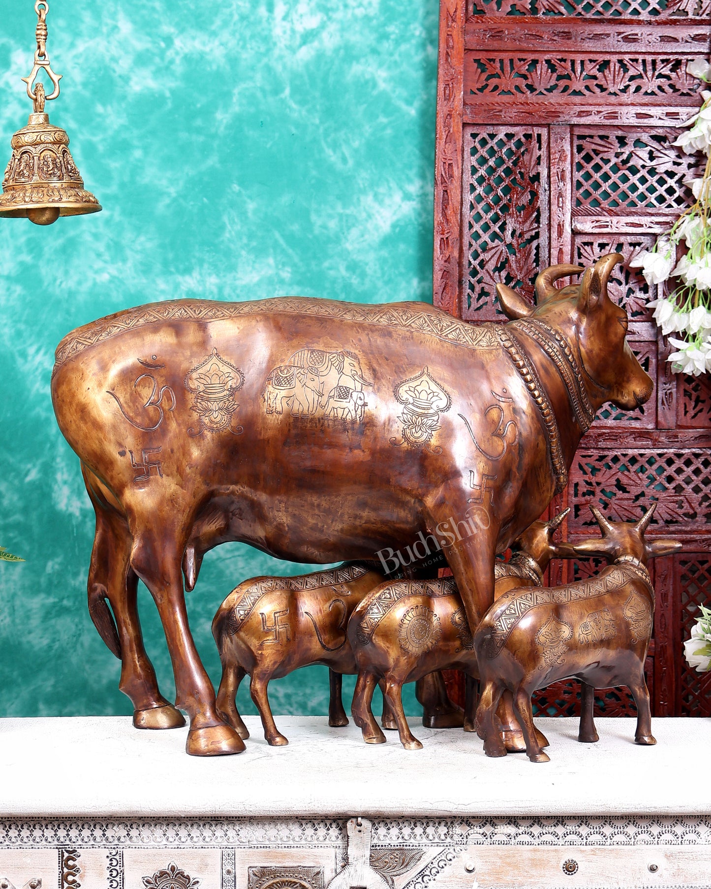 Pure Brass Large cow Statue with calves with carvings 29 inch Antique tone with carvings