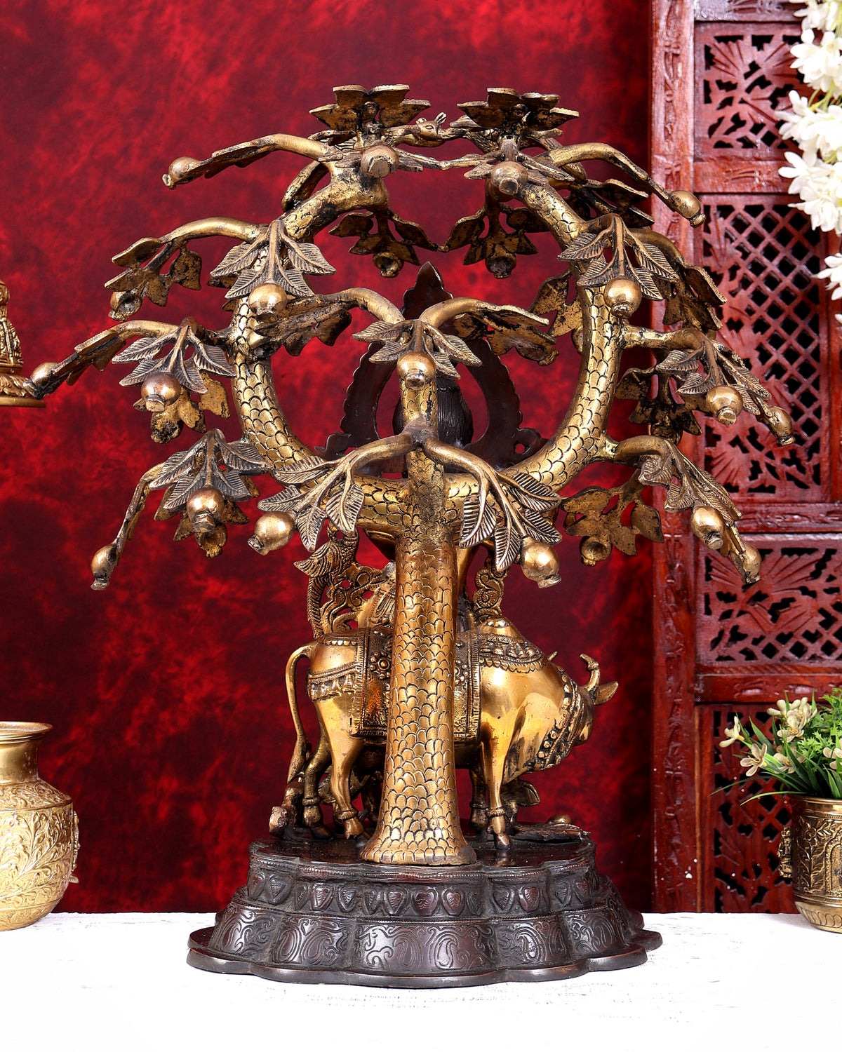 Dual Tone Brass Krishna with Cow Under Large Tree | 22 Inch Statue