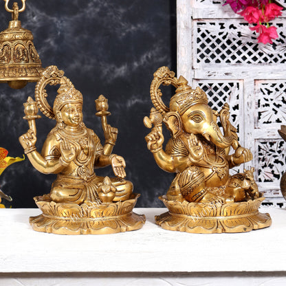 Brass Superfine Ganesha Lakshmi on lotus Pair 10.5 inch