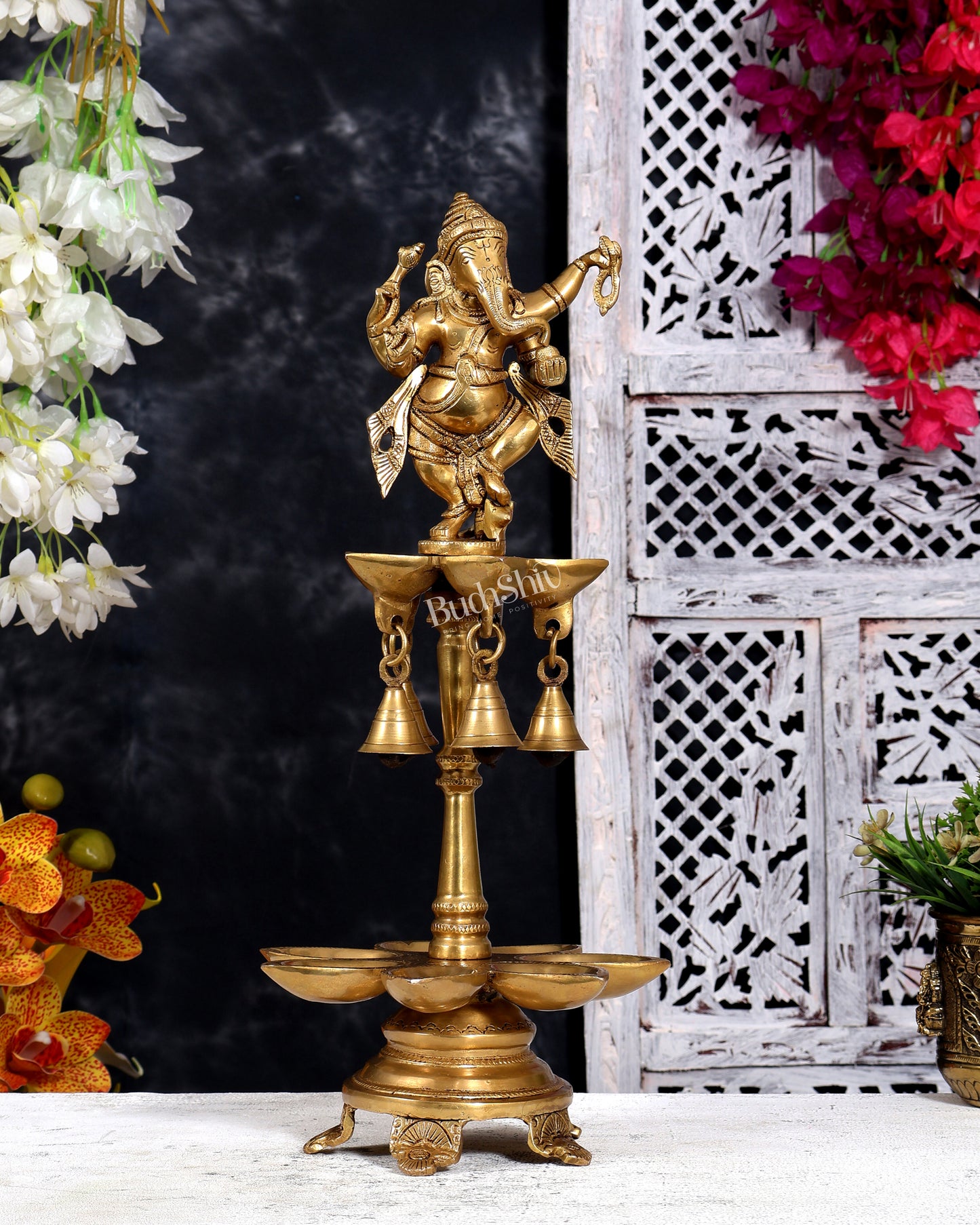Brass Dancing Ganesha Oil Lamp — Samai Vilakku diya 17 inch