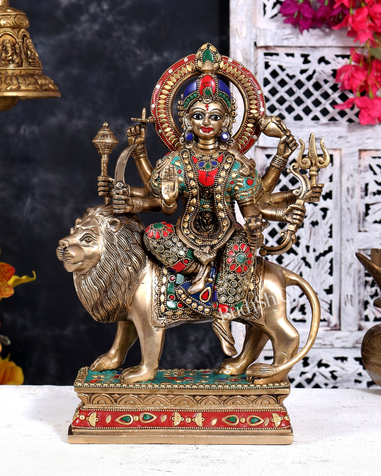 Brass Superfine Goddess Durga Statue - 15 Inch with stonework and shringaar