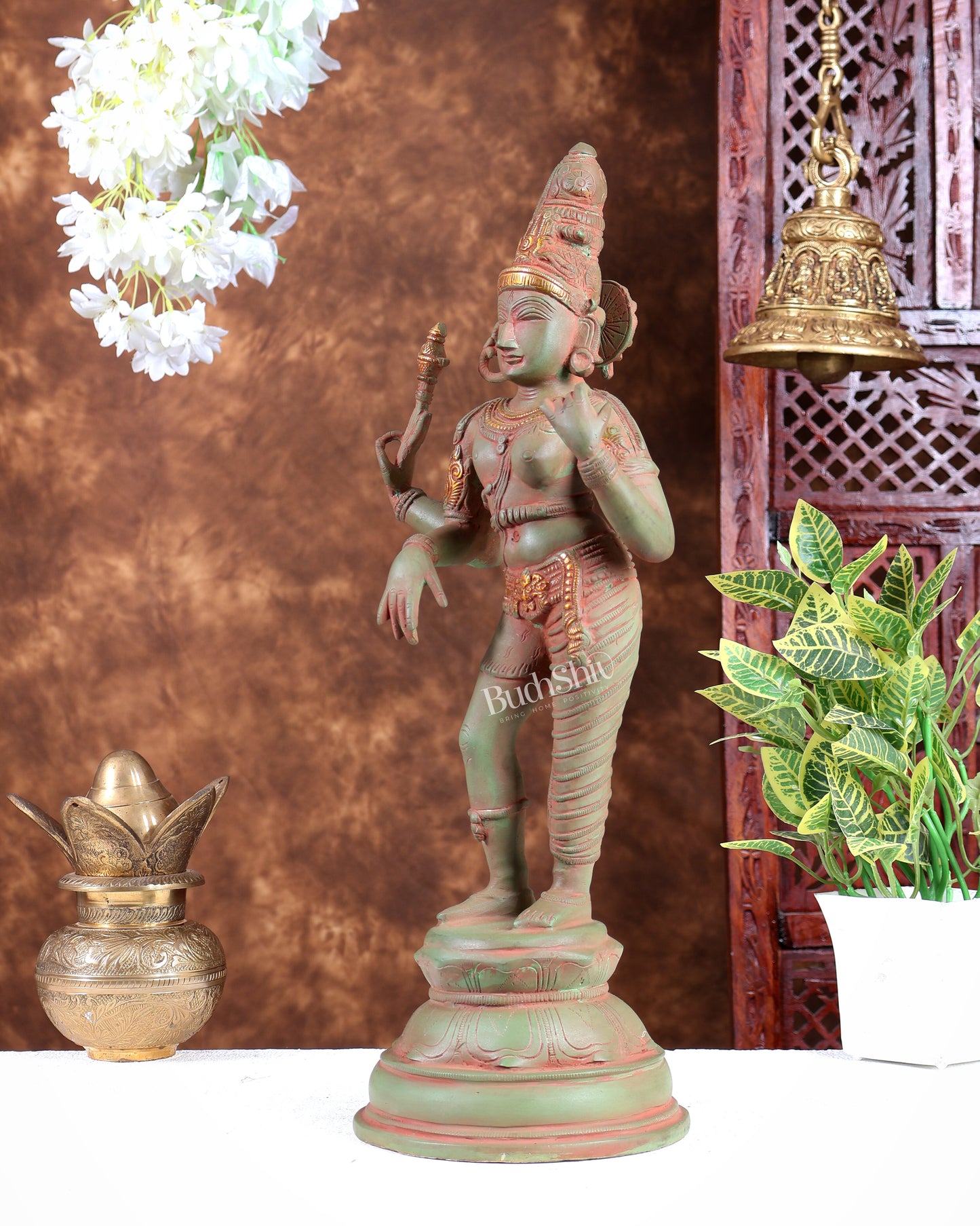 Pure Brass Ardhanarishwara Statue – Half Shiva Half Parvati Green patina tone 19 inch