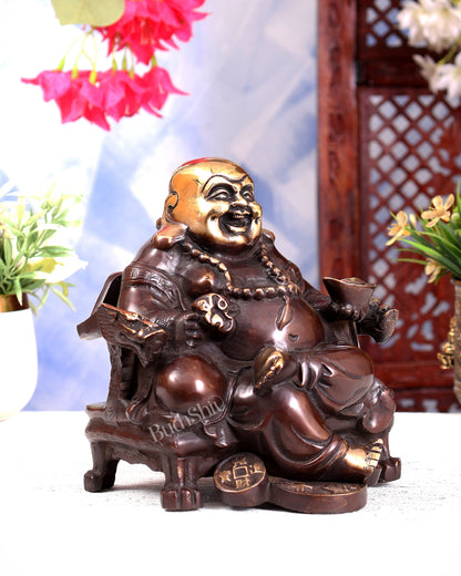 Brass Large Laughing Buddha on Throne – Brown Tone Feng Shui Statue 7 inch