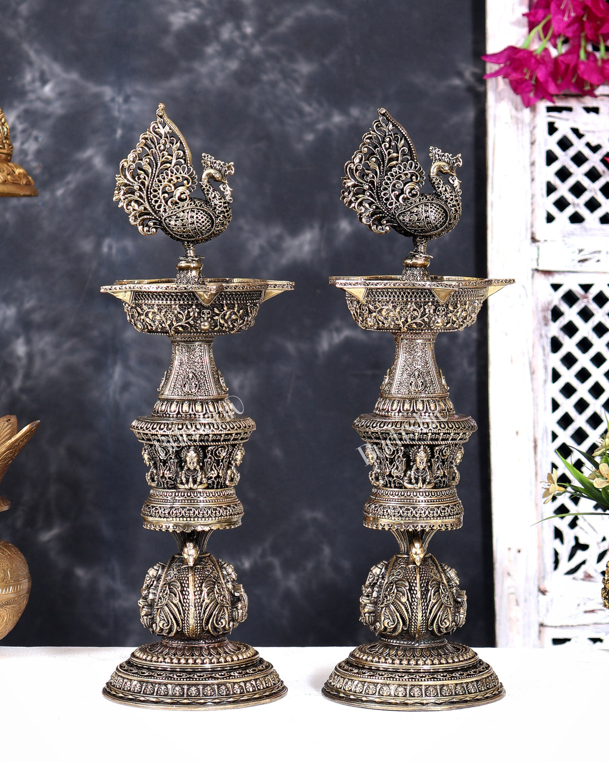 Brass Superfine Annam Pakshi Design Peacock Lamp with Ganesh Lakshmi Carvings 14 inch