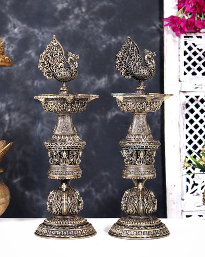 Brass Superfine Annam Pakshi Design Peacock Lamp with Ganesh Lakshmi Carvings 14 inch