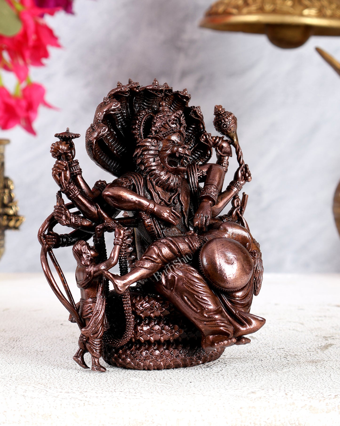 Pure Copper Ugra Narasimha Slaying Hiranyakashipu with Bhakt Prahlad – Solid Masterpiece Sculpture (5 Inches)