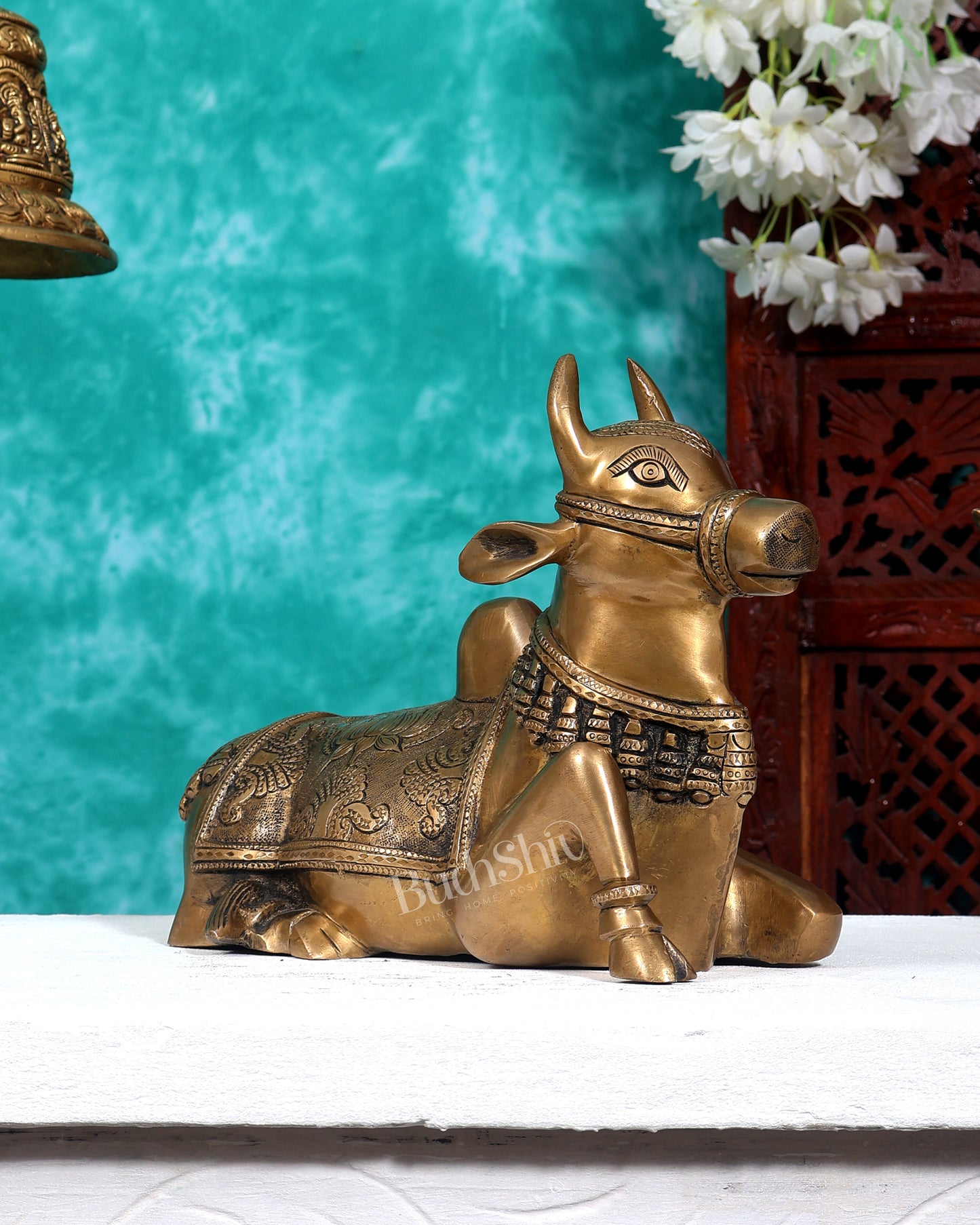 Pure Brass Nandi Bull Statue with Unique Lotus Carvings 10 inch