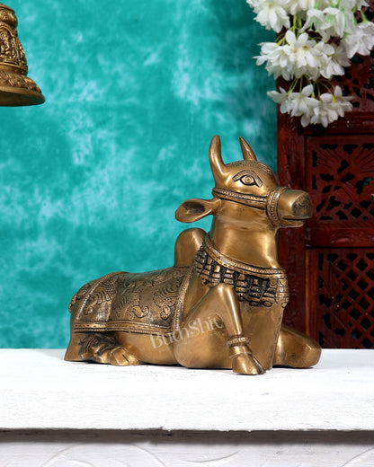Pure Brass Nandi Bull Statue with Unique Lotus Carvings 10 inch