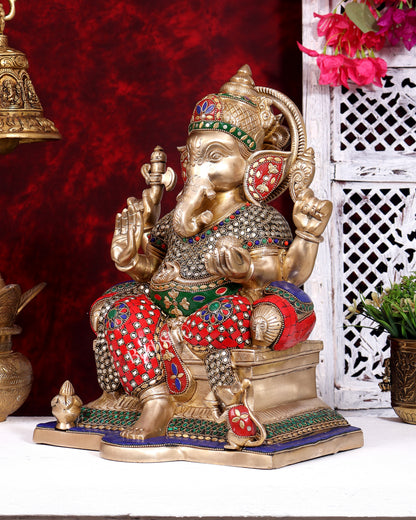 Brass Raja Ganesha on Throne Statue | Highly Detailed Large Idol 15 inch with Stonework