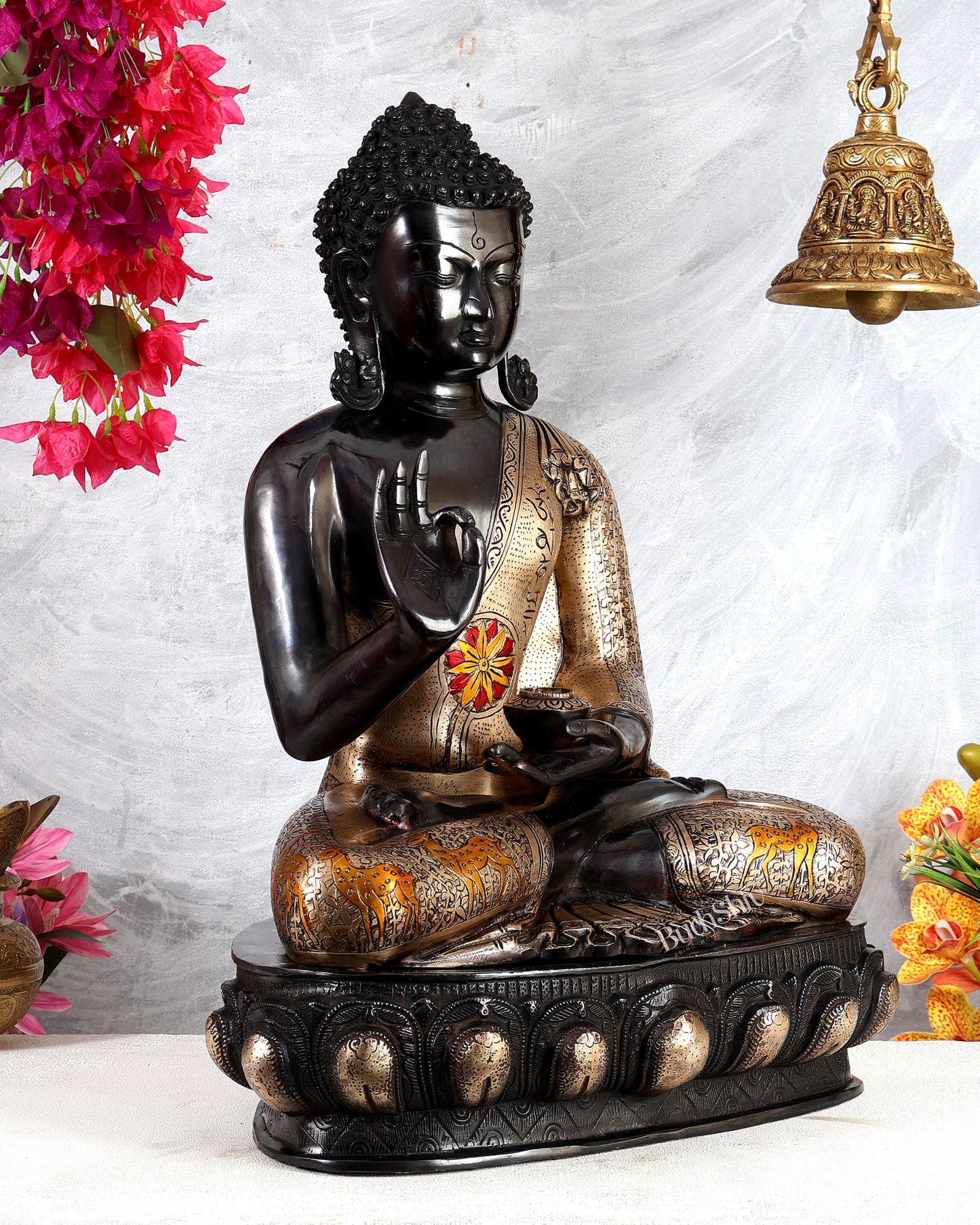 Brass Handcrafted Buddha Statue in Black Tone with Mandala, Mantra & Deer Motifs – Grand Meditation Sculpture (23 Inches)