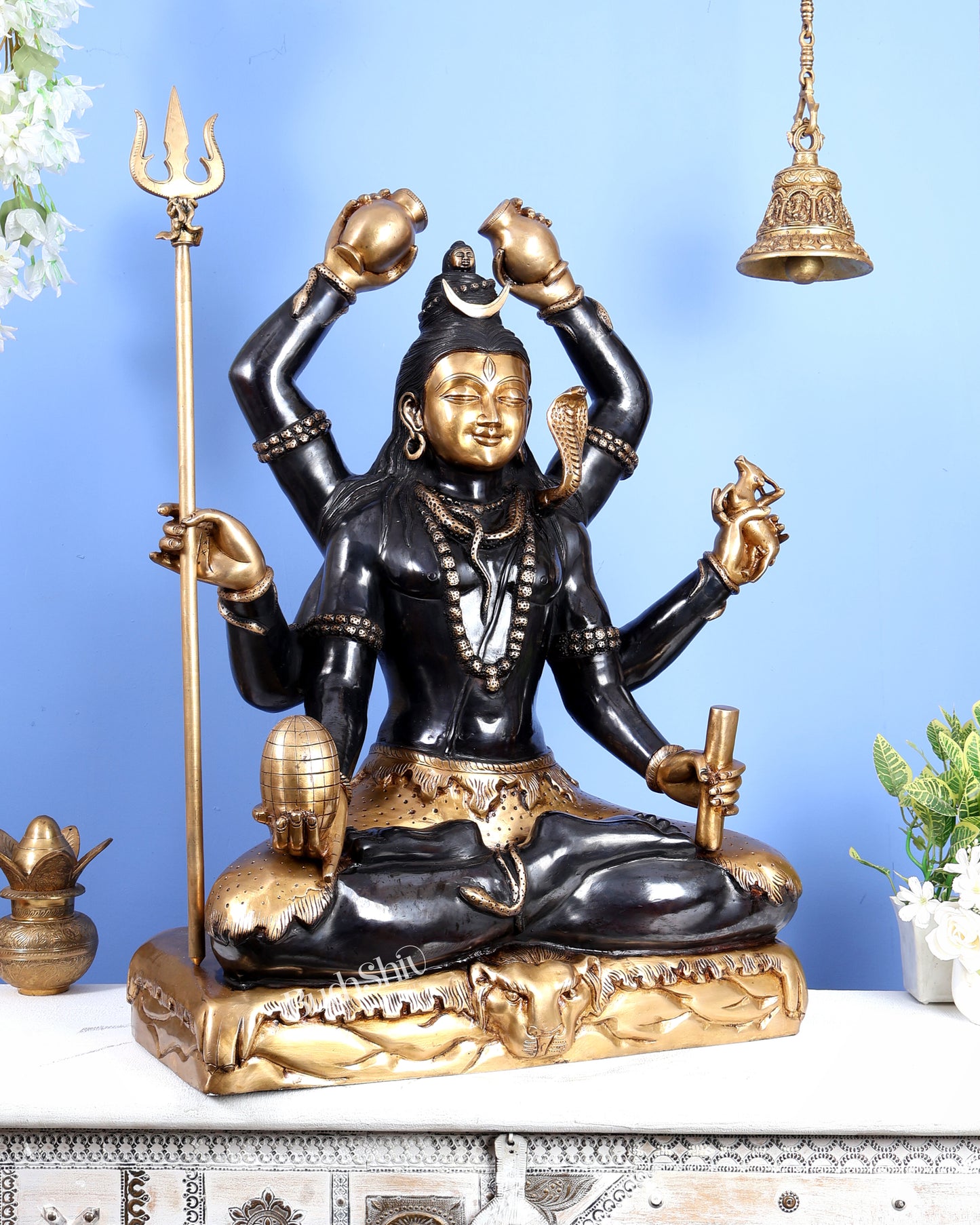 Six-Armed Brass Shiva Statue Mahamrityunjaya 30 inch black edition