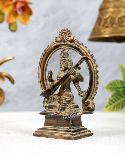 Brass Traditional Goddess Saraswati Idol – Vintage Copper Sand Finish Miniature Statue (4.3 Inches)