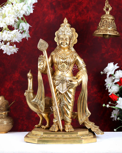 Large Brass Murugan Swamy with Peacock Idol – Highly Detailed Lord Kartikeya Statue (20.5 Inch)