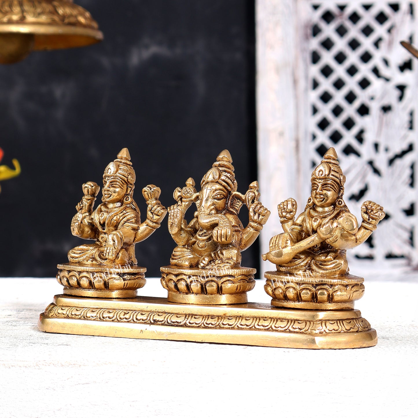 Brass Ganesha Lakshmi Saraswati Idol — Same Base 3.5 inch