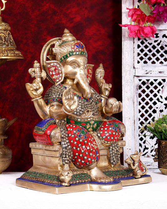 Brass Raja Ganesha on Throne Statue | Highly Detailed Large Idol 15 inch with Stonework