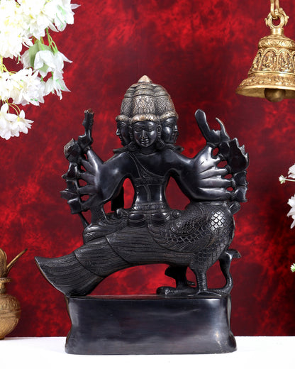 Pure Brass Large Aarumugam Murugan Sitting on a Peacock – Kartikeya Swamy Idol 16" black finish