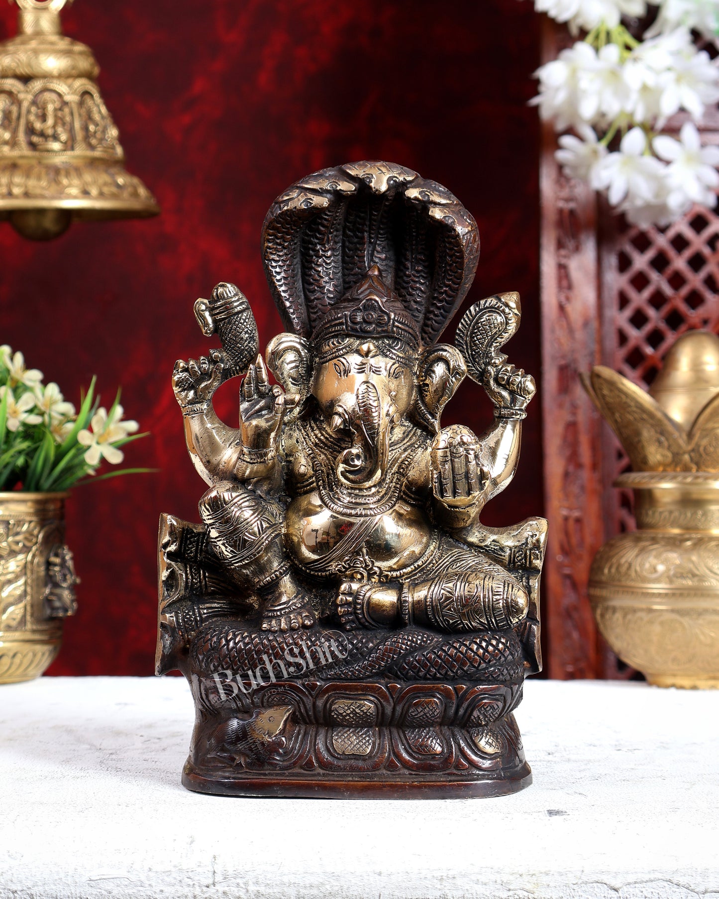 Unique Brass Lord Ganesha with Naag – Dual Tone Brown Gold Finish 8.6 inch