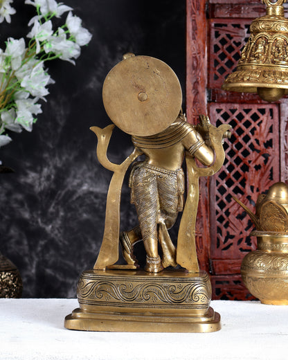 Unique Brass Lord Krishna Statue in Antique Tone – Handcrafted Divine Sculpture 13.5 inch