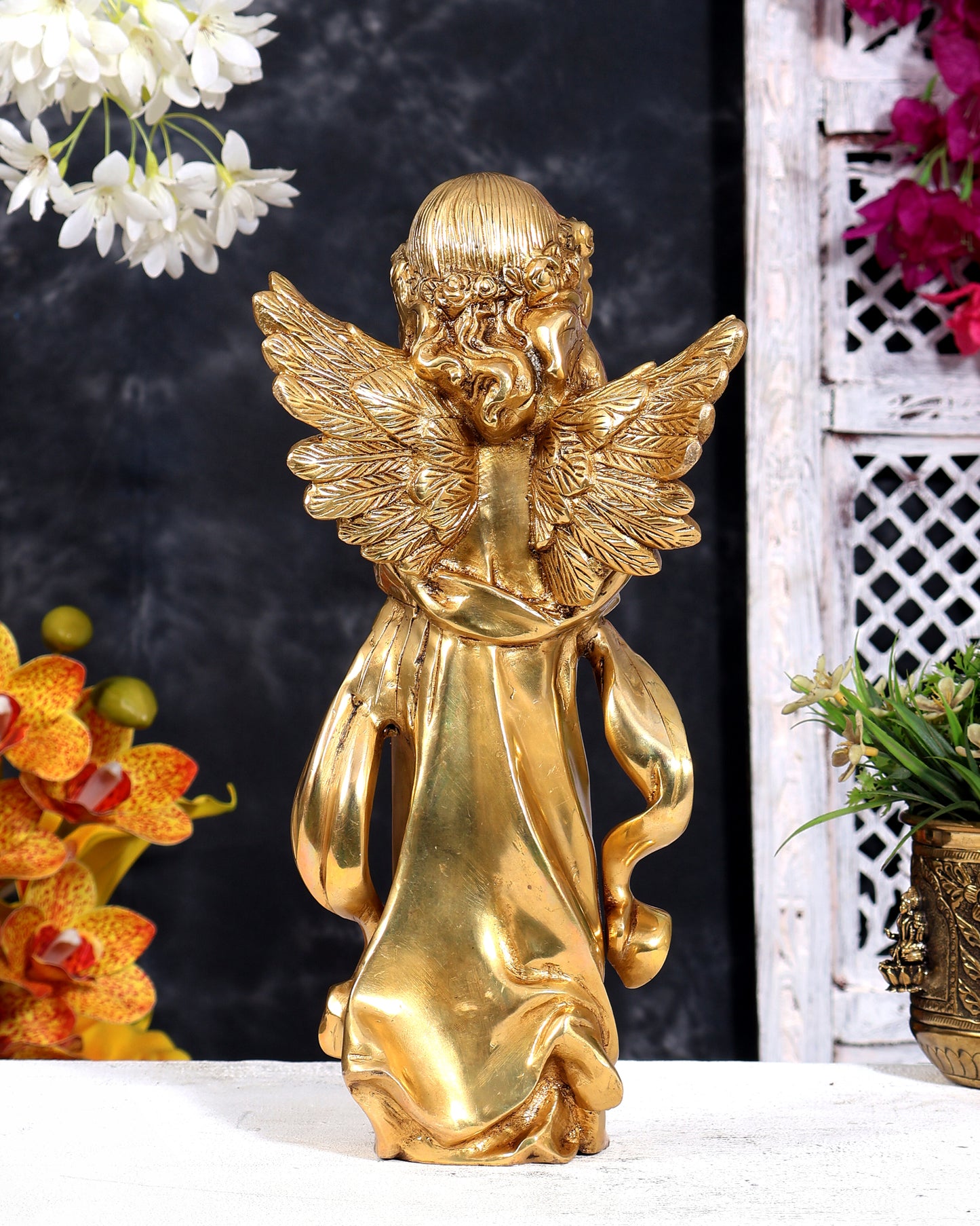 Brass Angel Devoted with Palms Together in Namaste Sculpture 12 inch
