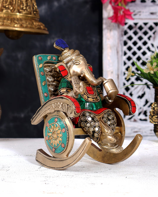 Brass Ganesha on Rocking Chair – Cute Relaxing Idol Gift 6.5 inch with Stonework