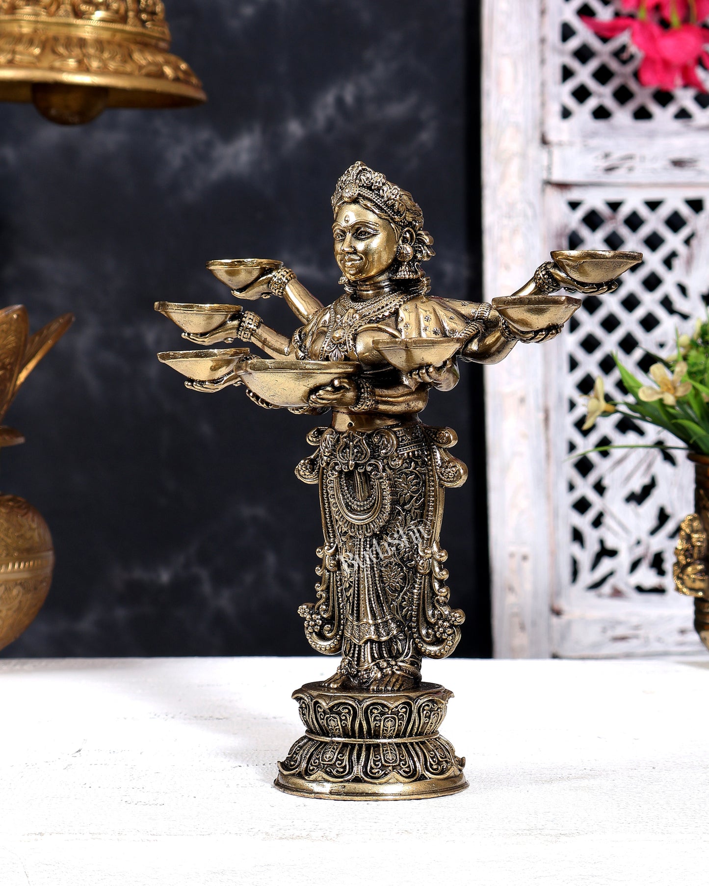 Brass Superfine Deep Lakshmi Lady with Multiple Arms Holding Diyas 8.5 inch