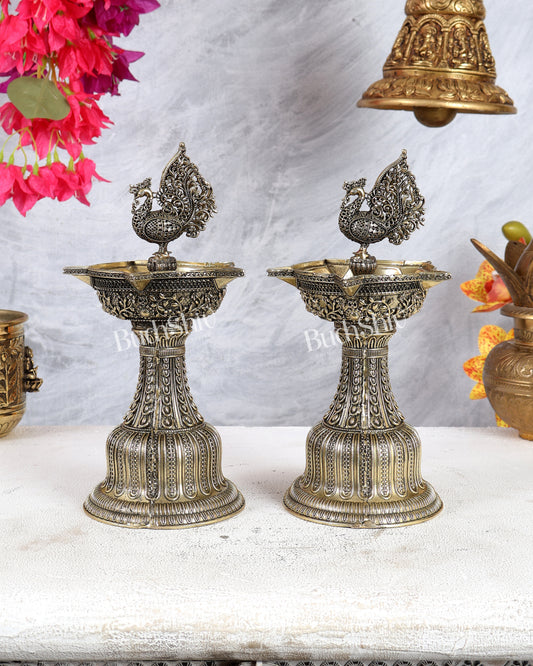 Brass Superfine Annam Pakshi Samp Oil Lamp Diya Pair – Traditional South Indian Deepam Set 9.5 inch