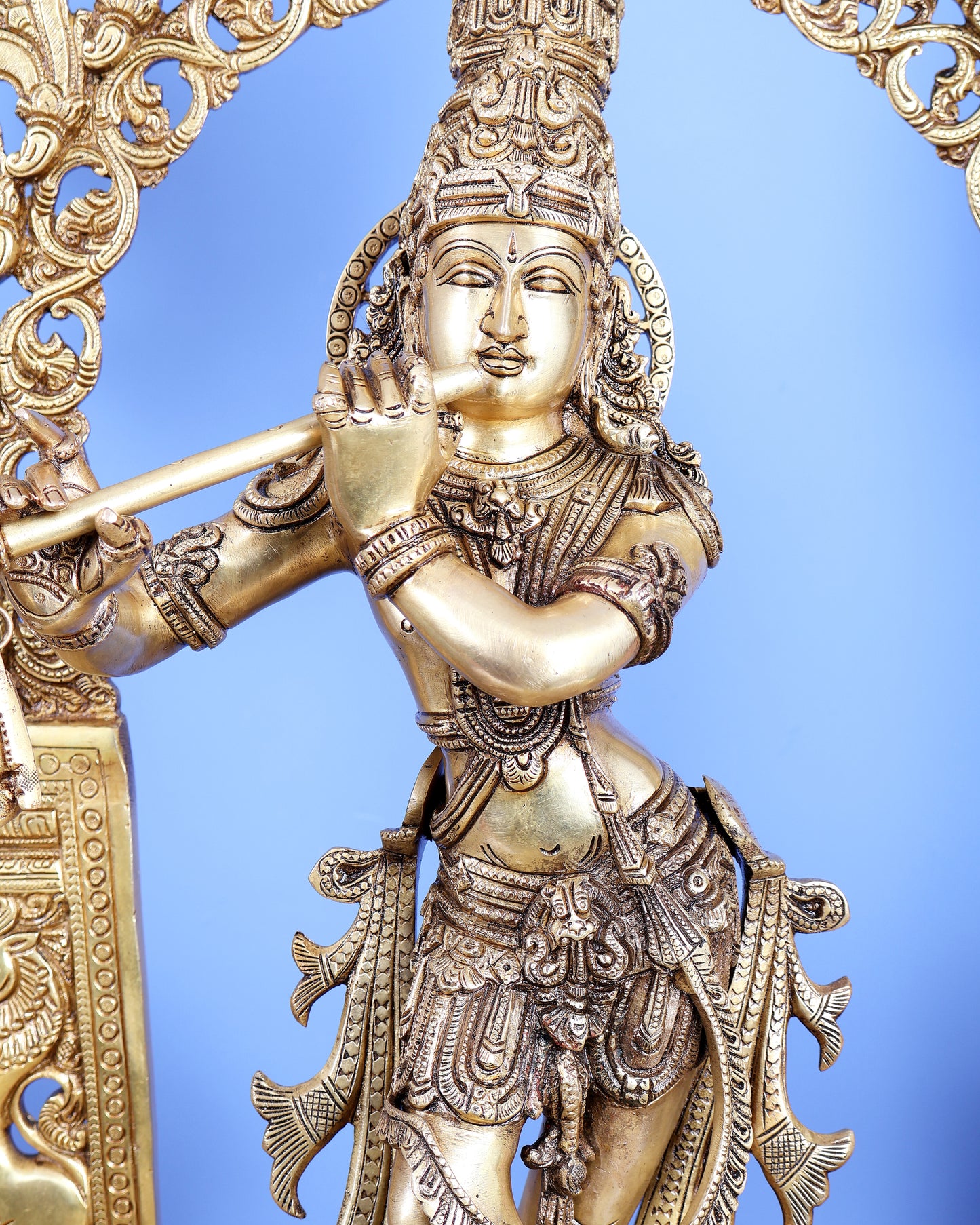 Premium Brass Lord Krishna with Cow, Calf, Sheshanaag, Sudama & Kirtimukha Prabhavali – Grand Venugopala Sculpture (36.5 Inches)