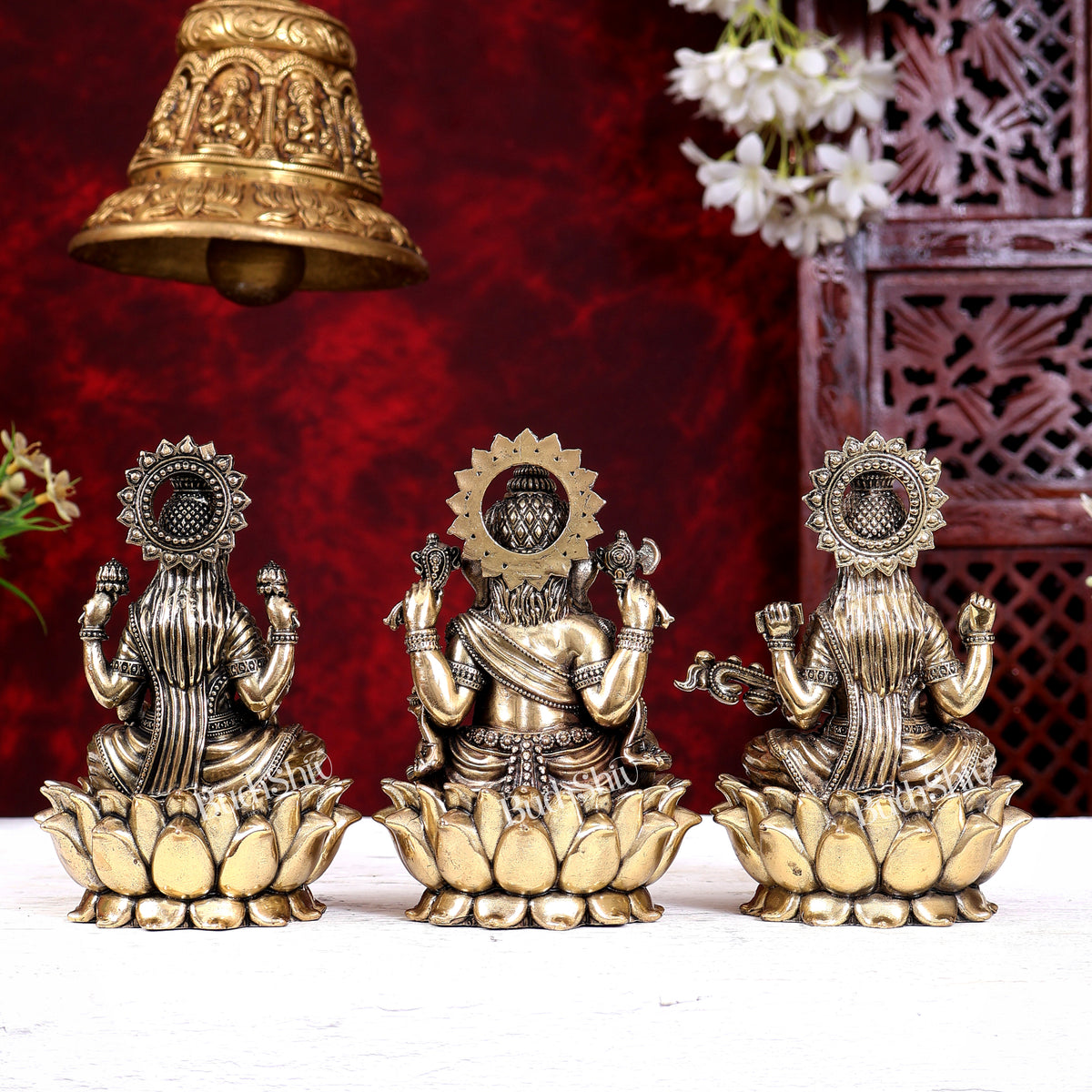 Brass Superfine Ganesh Lakshmi Saraswati Idols Cross-Legged on Lotus Base 5 inch