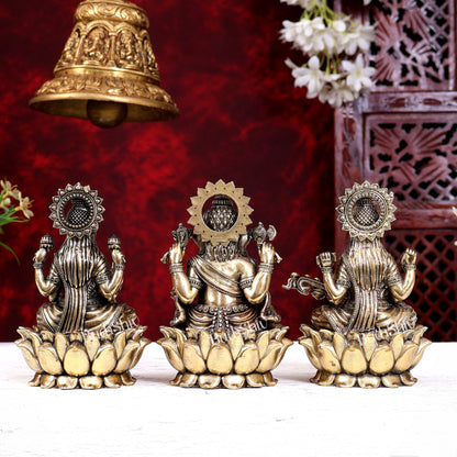 Brass Superfine Ganesh Lakshmi Saraswati Idols Cross-Legged on Lotus Base 5 inch