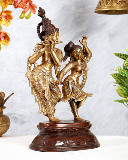 Brass Dancing Radha Krishna Statue – Dual Tone Finish Divine Sculpture (16 Inches)