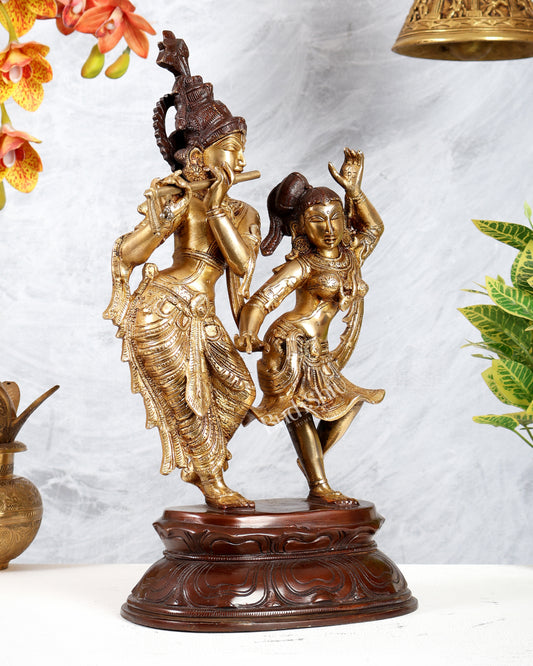 Brass Dancing Radha Krishna Statue – Dual Tone Finish Divine Sculpture (16 Inches)
