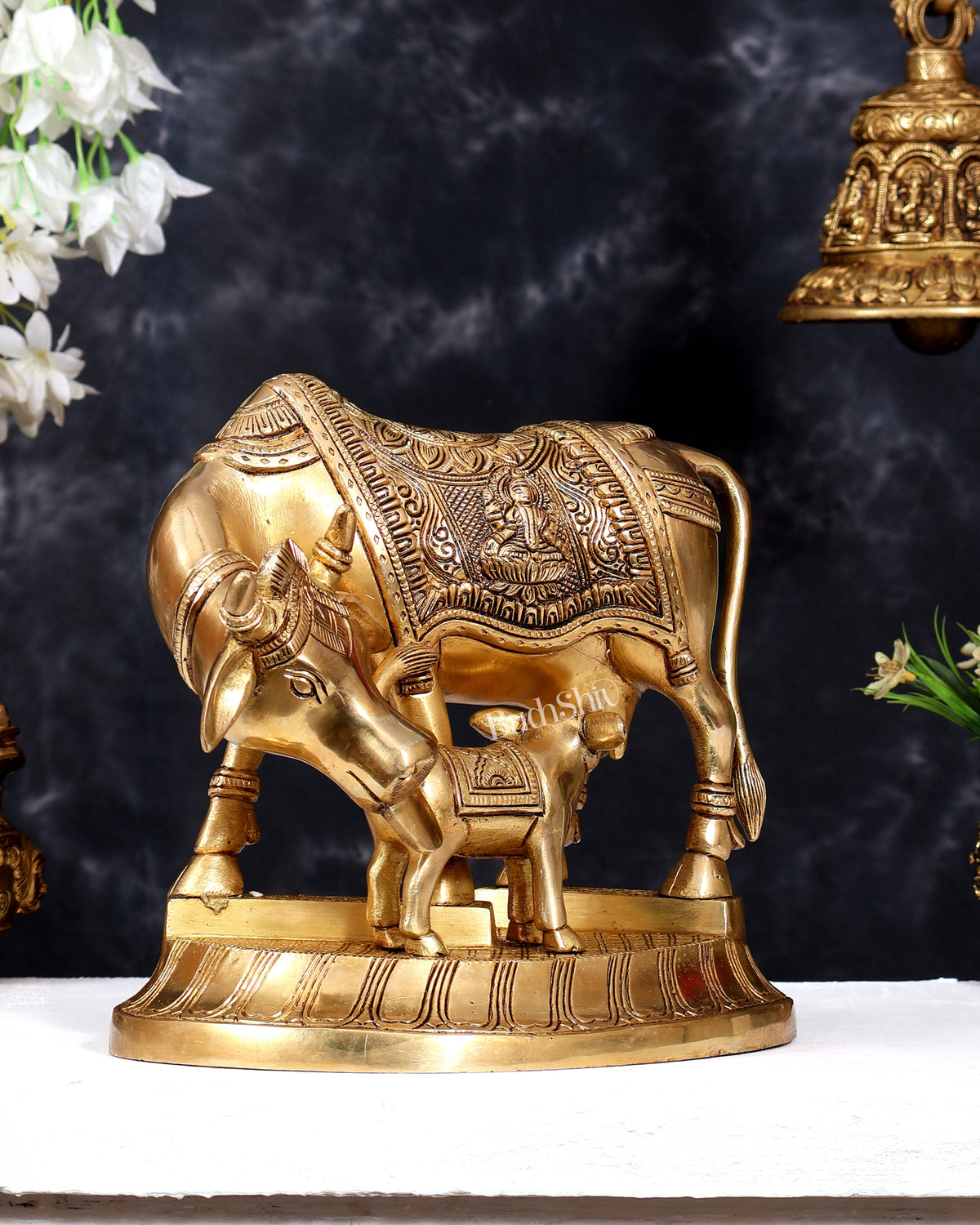 Pure Brass Superfine Kamdhenu Cow with Calf - 10 inch enhanced carvings