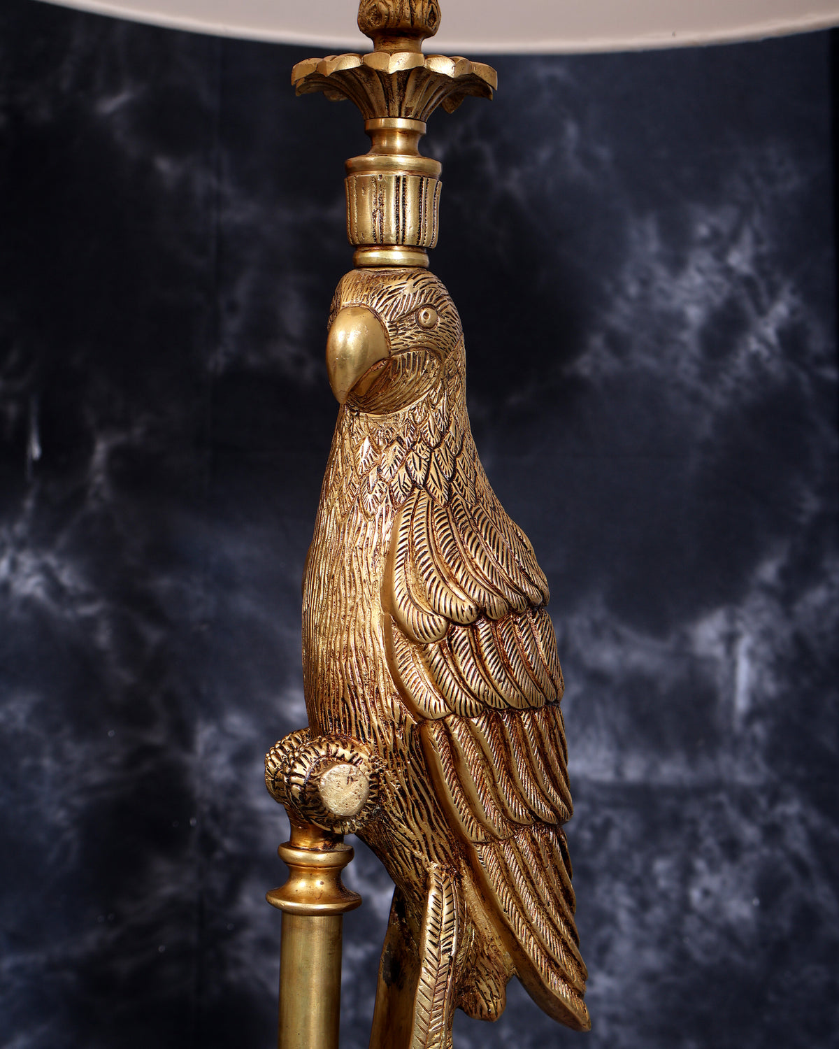 Suvarna Shuka — Designer Brass Parrot Table Lamp with White Shade & Marble Base