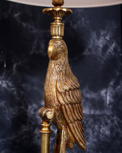Suvarna Shuka — Designer Brass Parrot Table Lamp with White Shade & Marble Base