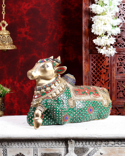 Brass Superfine Nandi Sculpture with Enhanced Carvings 18 inch with Stonework