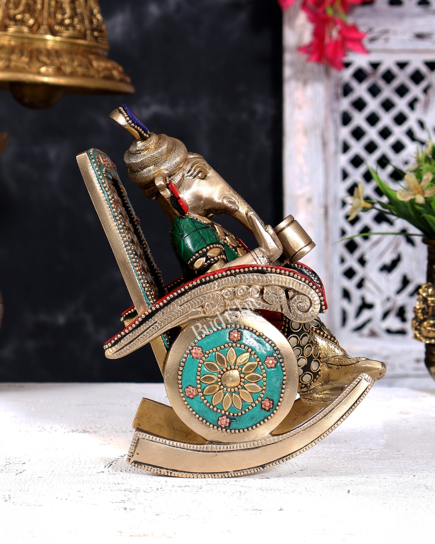 Brass Ganesha on Rocking Chair – Cute Relaxing Idol Gift 6.5 inch with Stonework
