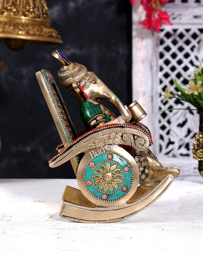 Brass Ganesha on Rocking Chair – Cute Relaxing Idol Gift 6.5 inch with Stonework