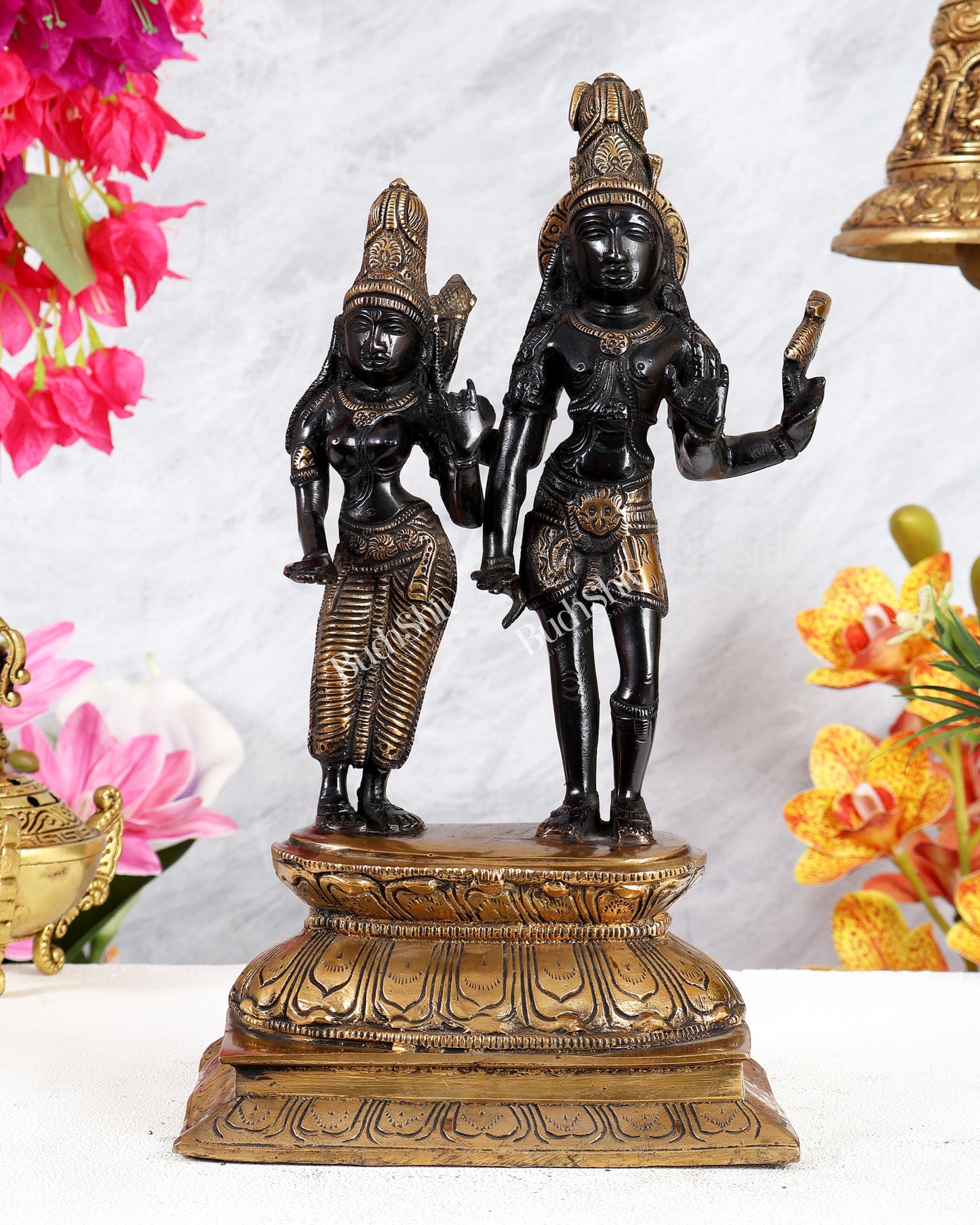 Black Finish Brass Shiva Parvati Standing Idol – Divine Harmony & Eternal Union Sculpture