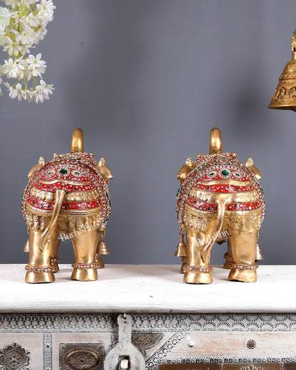 Brass Maharaja Elephant Pair – Rajasthani Meenakari & Stone Work Royal Décor Set (12.5 Inches)
