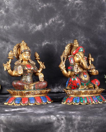 Brass Lakshmi Ganesha Idol Pair on Lotus Set (12 Inches) with stonework