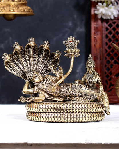 Brass Resting Lakshmi Narayana with Sheshanaag & Brahma Emerging Idol | Pure Brass Anantashayana Vishnu 8 inch