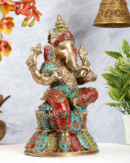 Handcrafted Brass Lord Ganesha Statue - 15" with meenakari