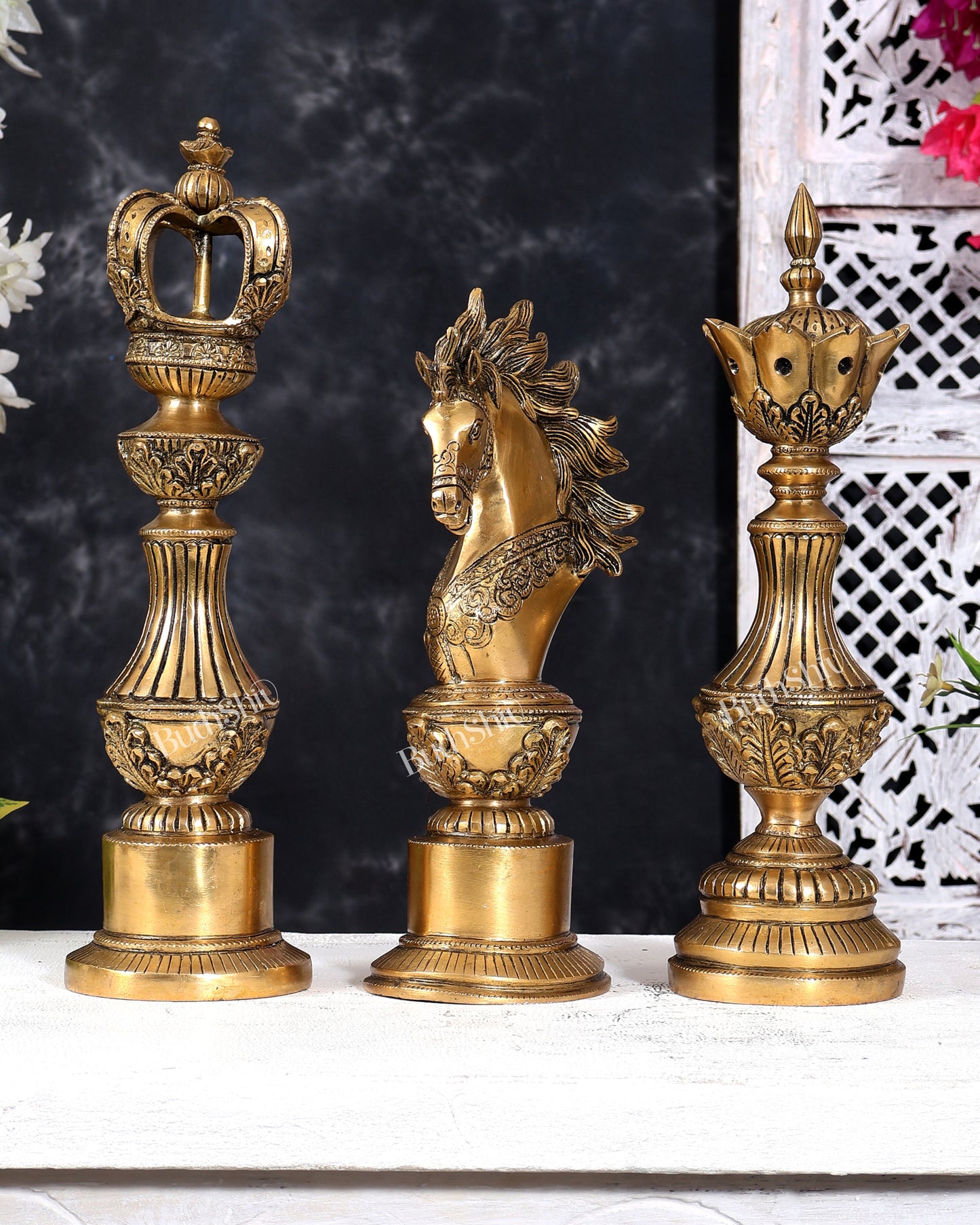 Brass Chess King, Queen & Knight — Decorative Showpiece Set 13 inch