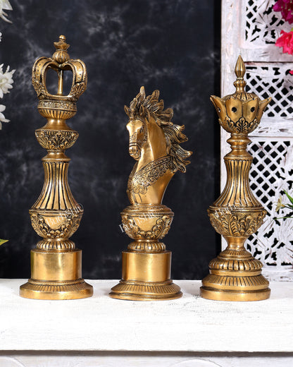 Brass Chess King, Queen & Knight — Decorative Showpiece Set 13 inch