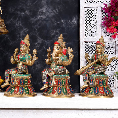 Brass Ganesha, Lakshmi, and Saraswati Idols on Lotus Base 15 inch with shringar and meenakari