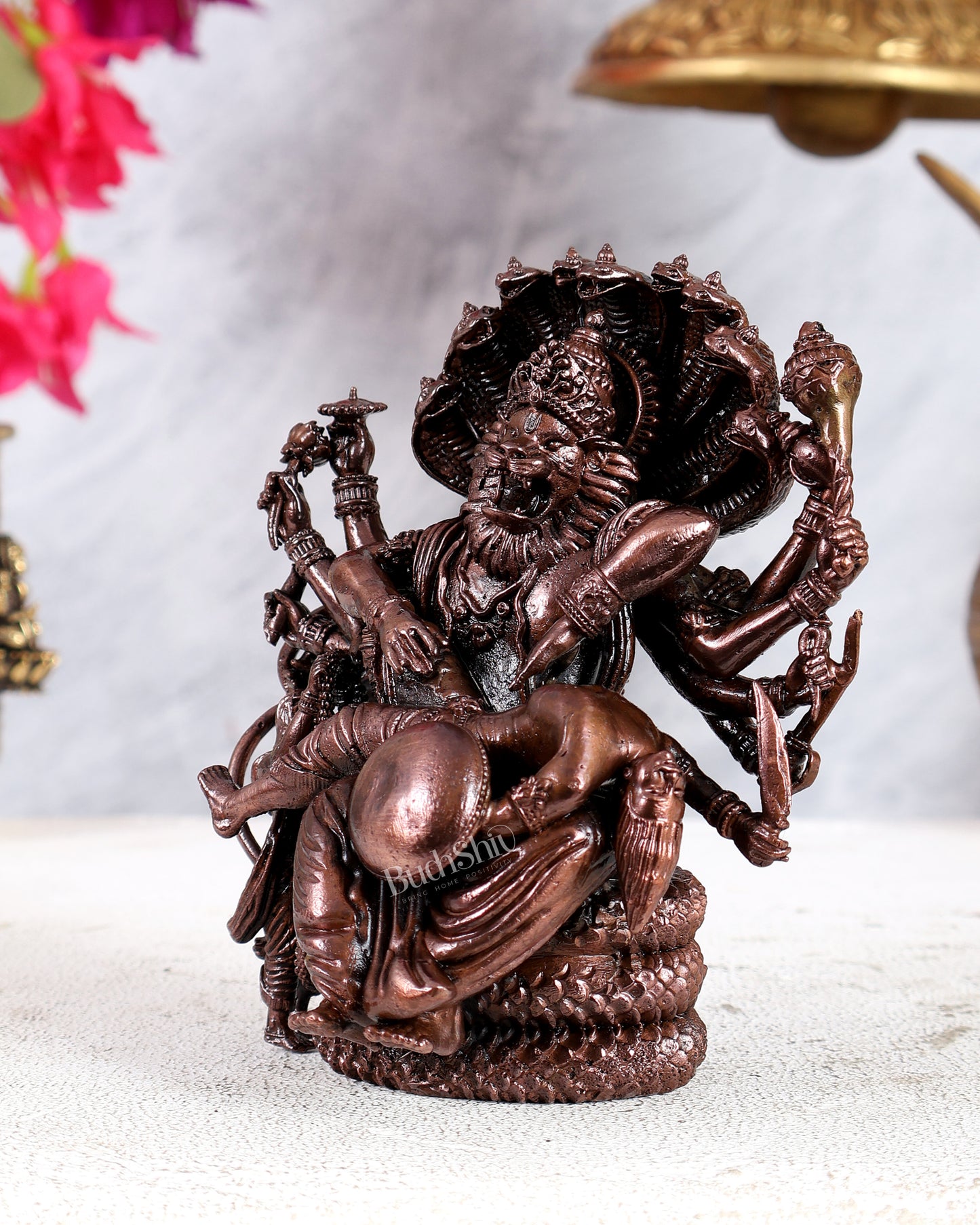 Pure Copper Ugra Narasimha Slaying Hiranyakashipu with Bhakt Prahlad – Solid Masterpiece Sculpture (5 Inches)